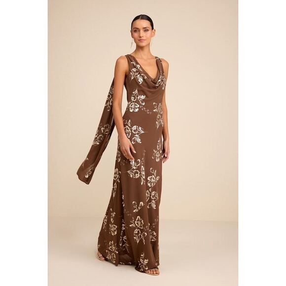 Lulus Dresses & Skirts - Lulus Sidonia Brown And Gold Floral Cowl Sash Maxi Dress - Size L